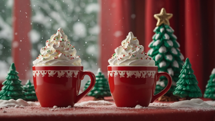 Two red mugs with whipped cream on top, set against a backdrop of Christmas trees and snowflakes, with a red curtain behind them.