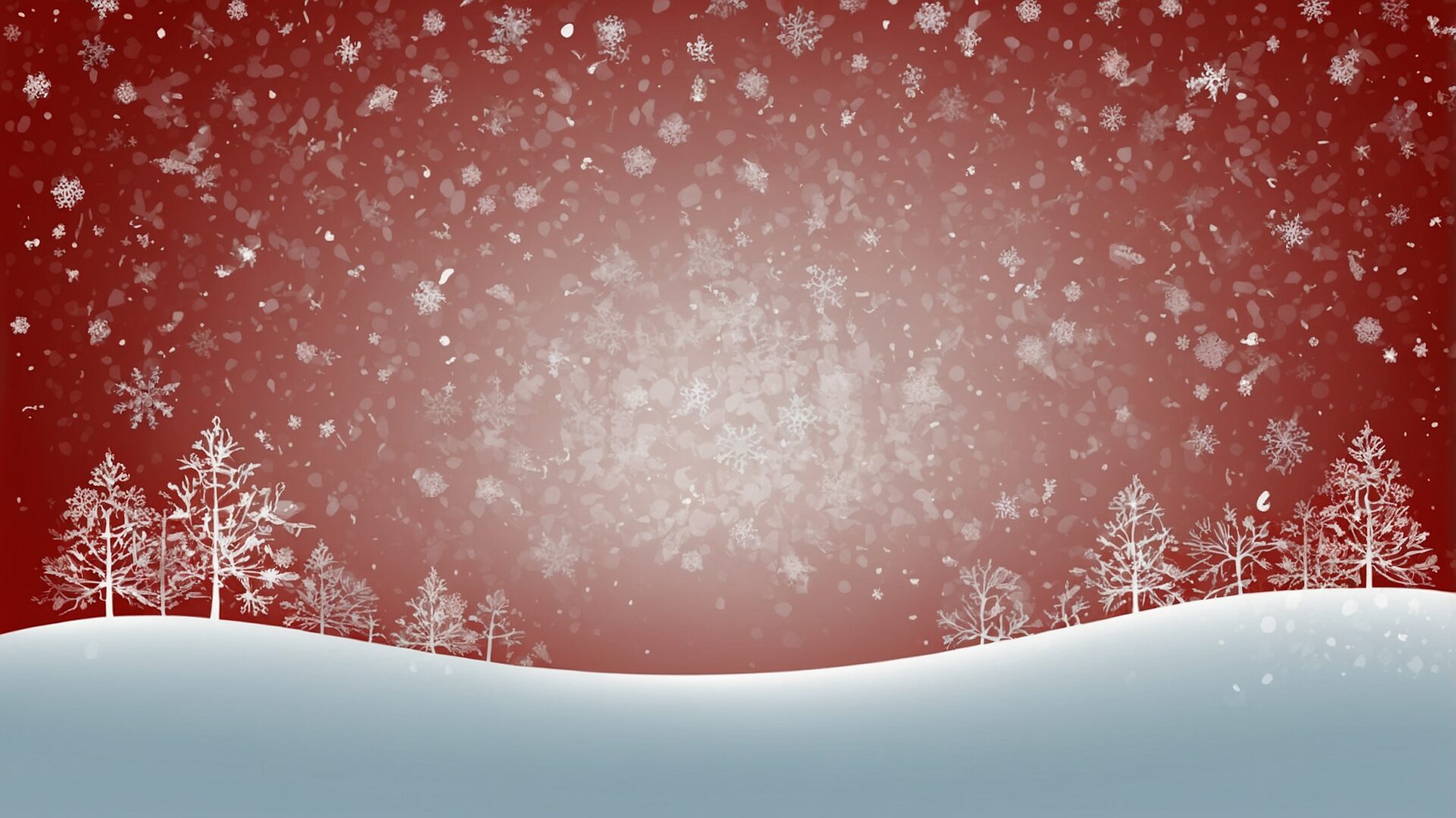 Red background with snowflakes falling on the white snowy ground, trees at the bottom, and a gradient from dark red to light red.