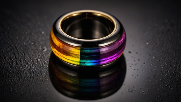 Black gold ring with a rainbow-colored inlay, made of black tungsten and acrylic, reflecting light on a glossy tabletop, dark background.