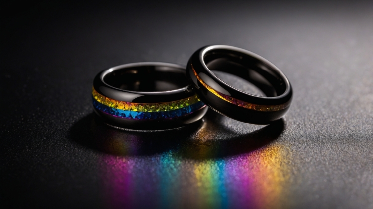 Two black and rainbow-colored rings with silver inlay, set against a dark background