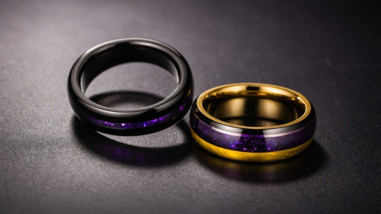 Black and purple tungsten with a slight gold inlay, two rings on a black background