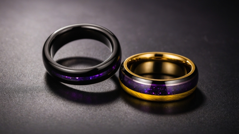 Black and Purple Tungsten Rings with Gold Inlay