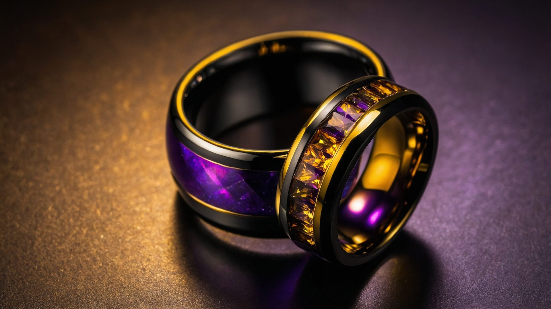 Luxury Black and Gold Rings with Purple and Yellow Diamonds