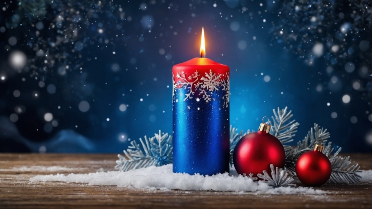 Blue and red candle with snowflake pattern beside Christmas ornaments, set against falling snow, creating a warm New Year's Eve atmosphere.