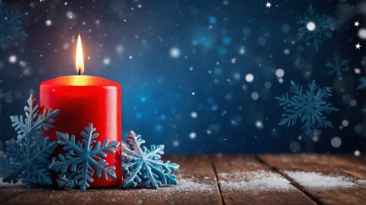 Red candle with snowflakes on a wooden table, set against a blue background with copy space, perfect for a Christmas card or holiday banner.