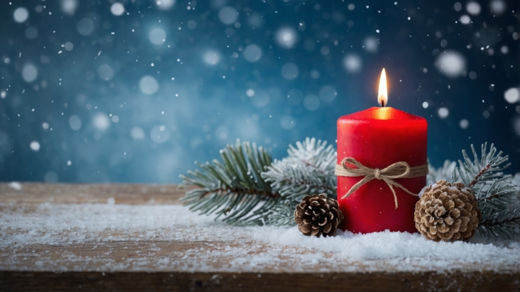 Red candle with pine cones and snow on a wooden table against a blue background. Christmas card concept, with copy space for text