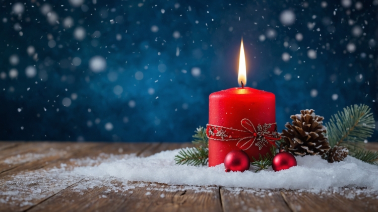 Christmas-red candle with snow and festive decorations on a wooden table against a blue background, evoking a classic Christmas card feel.