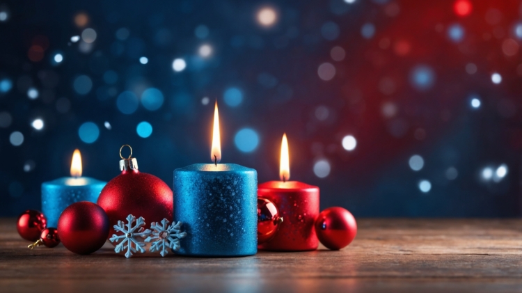 Three blue and red candles with Christmas decorations on a wooden table, with copy space and a blurred dark navy and indigo background.