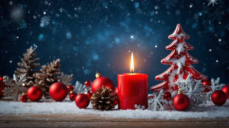 Christmas background with a red candle, snowflakes, and tree decorations on a blue night sky, creating a festive holiday atmosphere.