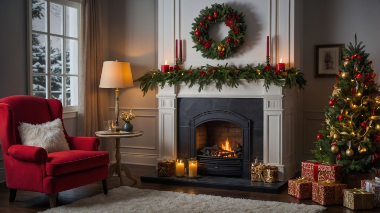 Cozy Christmas-decorated living room with a warm fireplace, wreaths, garlands, red armchairs with gift boxes, and glowing candles.