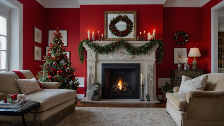 Festive living room with red walls, white fireplace, greenery wreaths, and candles, creating a cozy Christmas atmosphere with natural light.