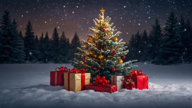 Festive Tree with Gifts in a Snowy Forest