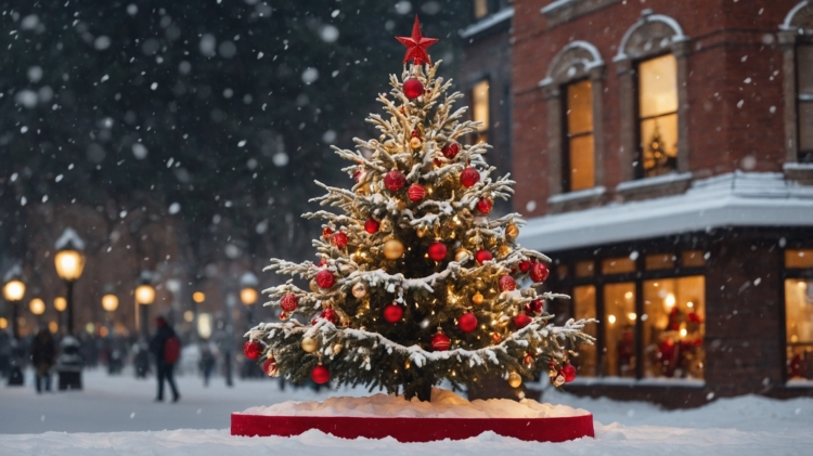 A beautifully decorated Christmas tree in an urban square, surrounded by snow-covered buildings and people walking on icy streets.