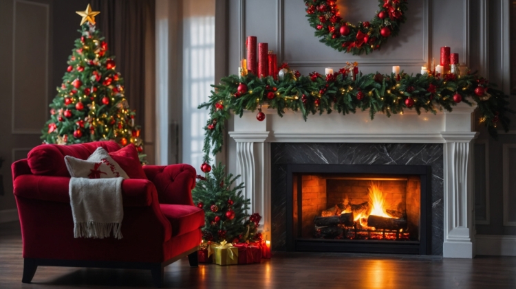 A cozy fireplace decorated in red and green for Christmas with a chair beside it, surrounded by wreaths, candles, and festive ornaments.