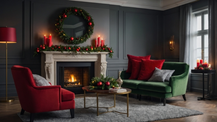 A stylish Christmas-themed living room with deep green and red furniture, gray walls, and a fireplace decorated with wreaths and candles.