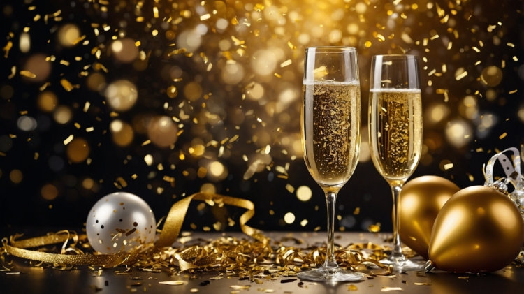 New Year's Eve celebration background with champagne glasses and golden confetti on a black and gold color theme, festive and elegant.