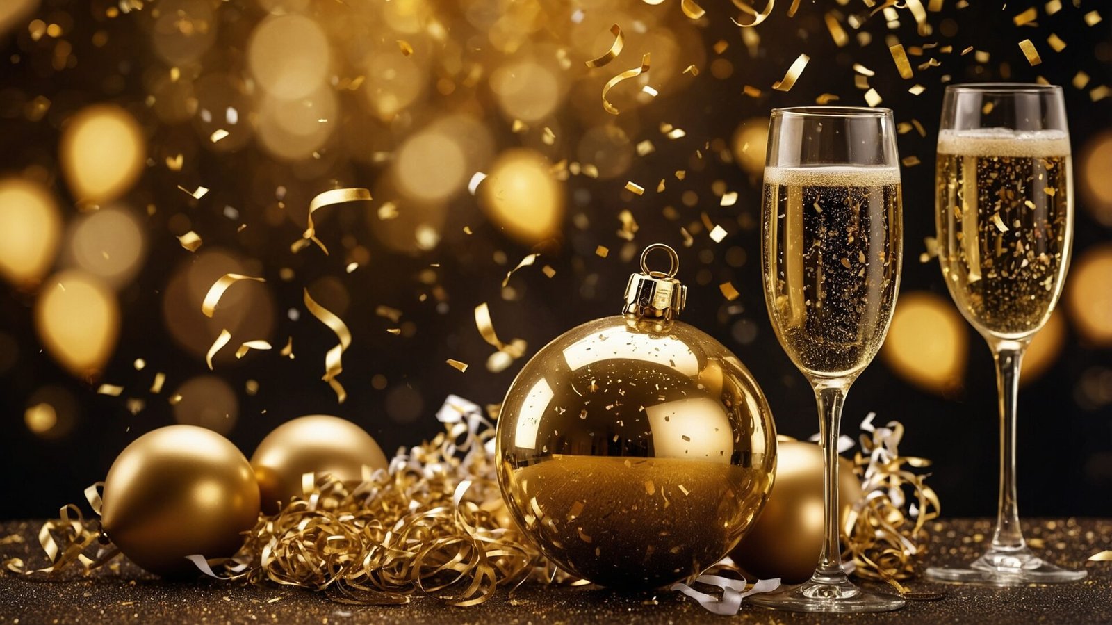 Happy New Year background with golden champagne glasses, Christmas ornaments, confetti, and ribbons on a black table in a luxury party hall.