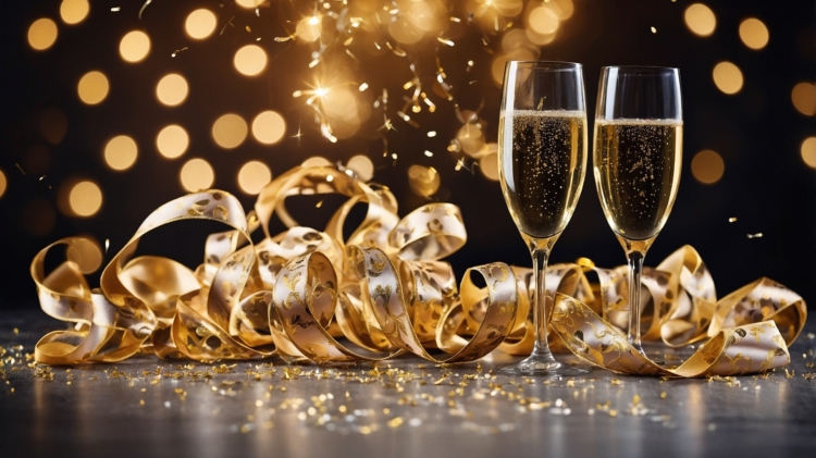 New Year's Eve celebration background with champagne glasses and golden ribbons, black backdrop with sparkling lights. New year concept