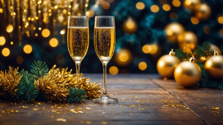 Two glasses of champagne on a wooden table, adorned with golden tinsel and Christmas ornaments, celebrating New Year's.