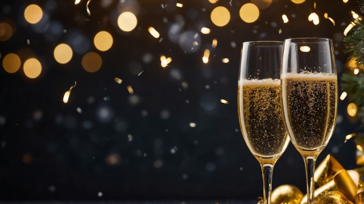 New Year's background featuring champagne glasses and decorations on a black backdrop with golden bokeh lights and copy space.