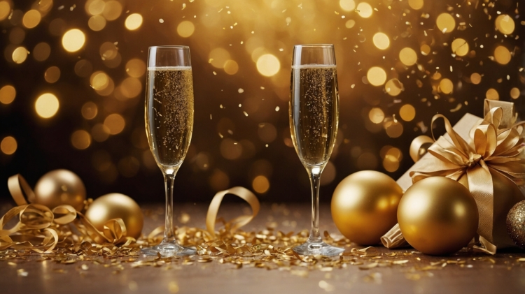 New Year's background with champagne glasses and golden decorations.