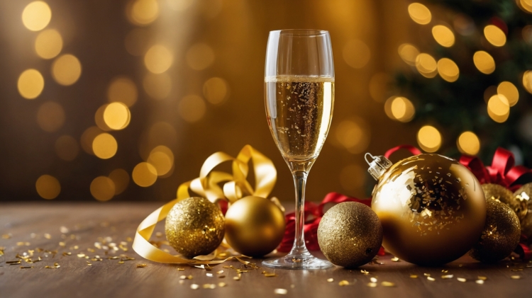 Christmas and New Year's background featuring a champagne glass, golden balls, and ribbons on a wooden table with bokeh lights.