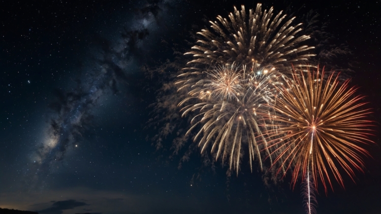 Fireworks display against the night sky, with an enchanting Milky Way backdrop.