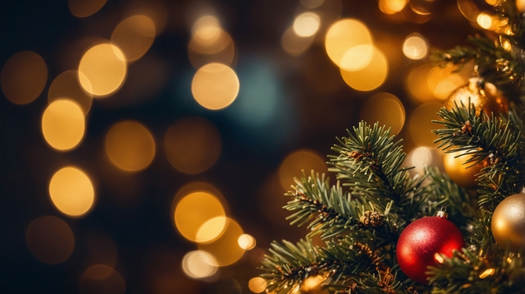 Close-up of a Christmas tree adorned with golden and red baubles, set against a blurred dark background with bokeh lights, leaving space for text.