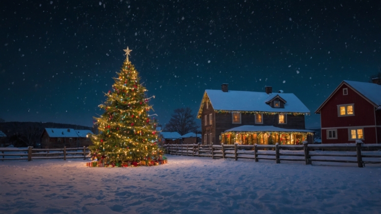 A Christmas tree twinkles in front of a house as snow falls gently, with red wooden farmhouses and a white fence creating a festive scene.