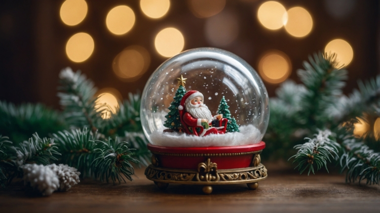 Cute Christmas snow globe with Santa Claus inside, surrounded by pine branches and bokeh lights, placed on a wooden table.