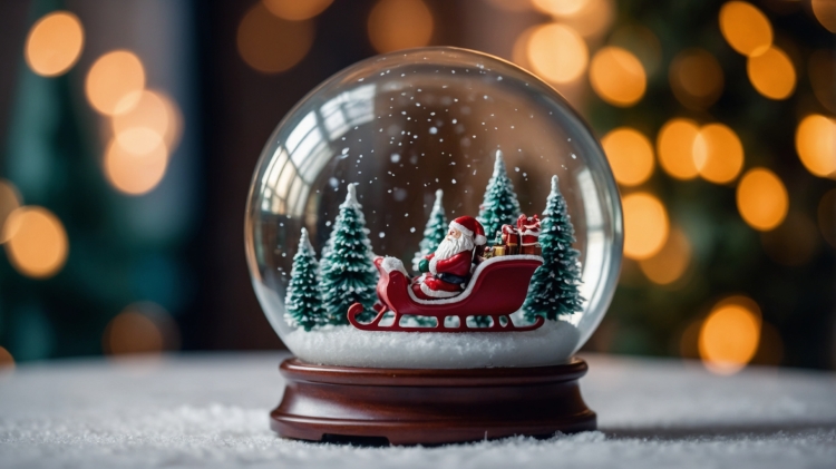 Photo of a Christmas snow globe with Santa in his sleigh and trees inside, with a bokeh background.