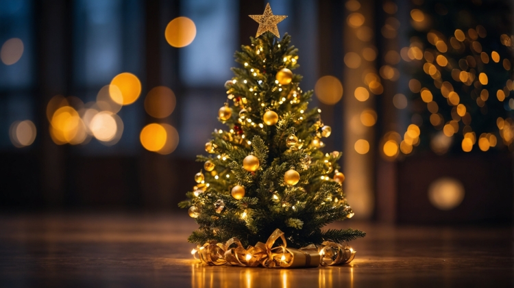 Beautifully decorated Christmas tree with golden ornaments and a shining star in a softly lit room, with a bokeh effect background.