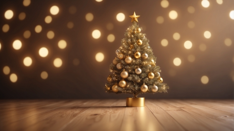 Christmas tree with golden decorations on a wooden table, set against a blurred lights background, creating a festive holiday atmosphere.