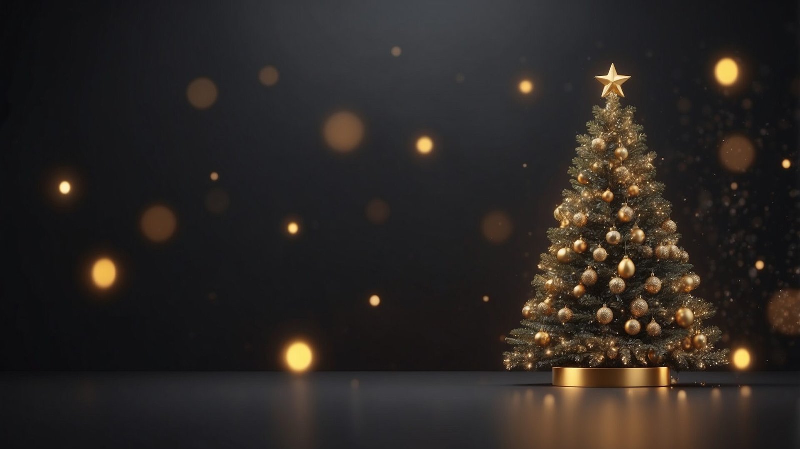 3D render of a Christmas tree with golden decorations on a black background, featuring a glowing, elegant, and minimalistic design.