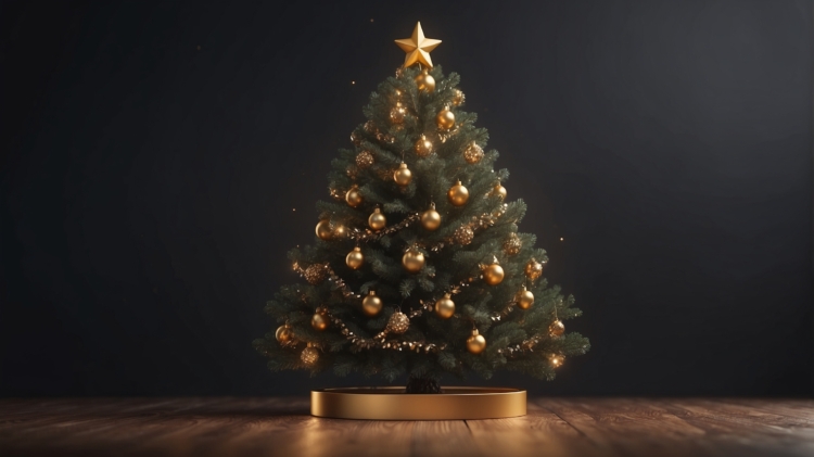 3D render of a Christmas tree with golden ornaments and a shiny star on top, set on a wooden floor against a dark background, front view.