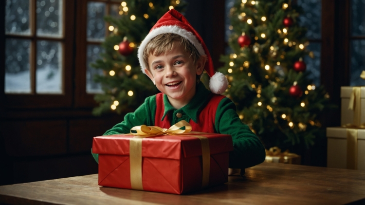 Happy boy elf in red and green, holding a large gift box at a table, smiling with a Christmas tree and warm lights in the background.