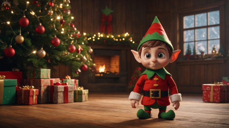 Cute elf in red and green outfit with pointy ears stands by a Christmas tree, surrounded by presents with a cozy fireplace in the background.