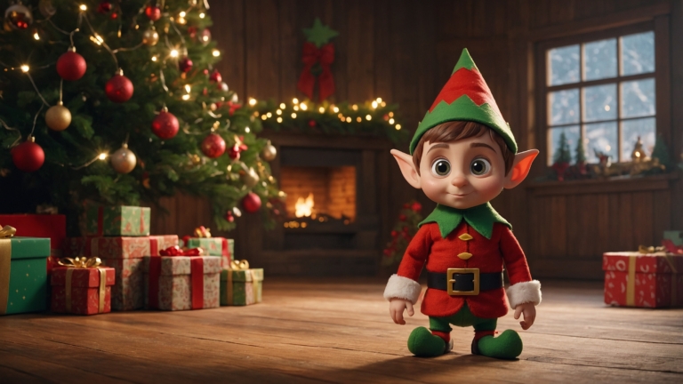 Adorable Elf by Christmas Tree with Cozy Fireplace