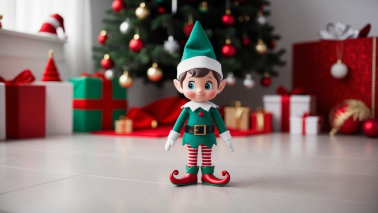 3D animated elf with green hat, red shoes, and white gloves stands by Christmas presents, with a decorated tree in the background.