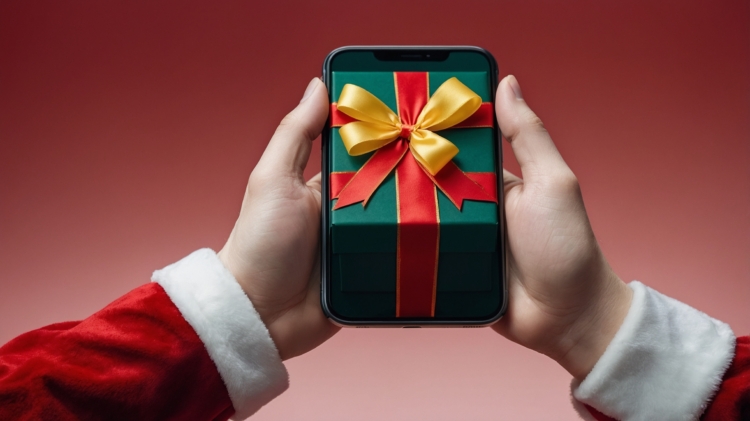 Santa Claus's hands holding the Phone displaying a green gift box with a red and yellow ribbon on a solid color background.