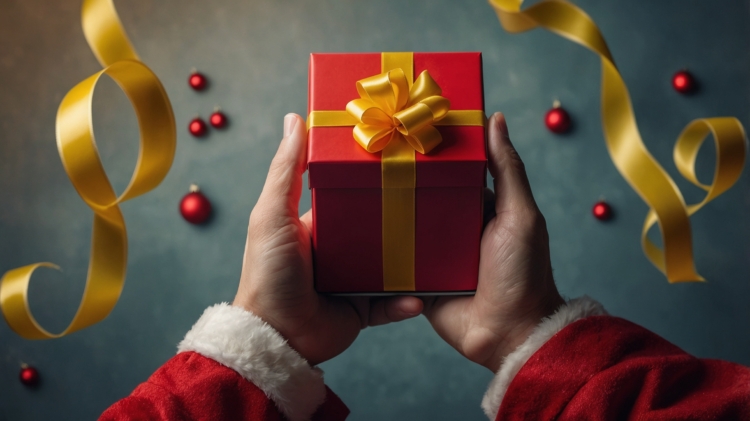 Santa Claus's hands holding a red gift box with a yellow ribbon against a grey background, with copy space for holiday gift concept.