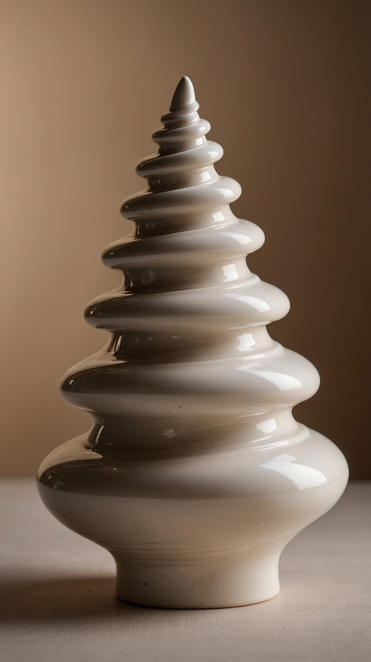 Ceramic abstract Christmas tree sculpture with rounded shapes and matte glaze, on a beige table against a brown background, softly lit.