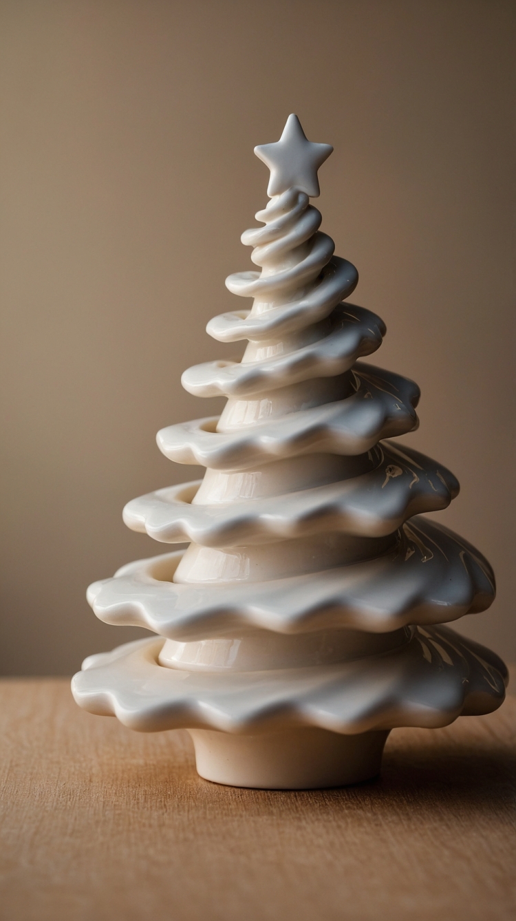 White ceramic Christmas tree with a star on top, front view on a table with beige background, minimalist style, high-definition photograph.