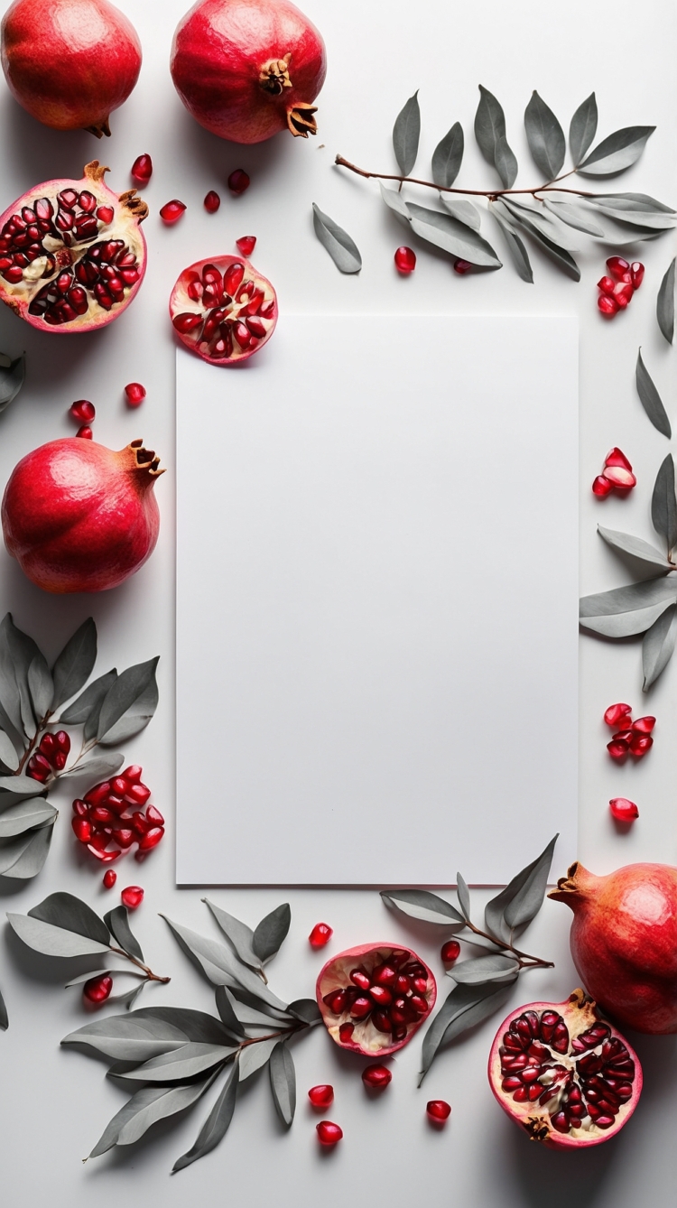 White blank paper surrounded by pomegranate, leaves, and branches on a light gray background, flat lay, top view, mockup template.