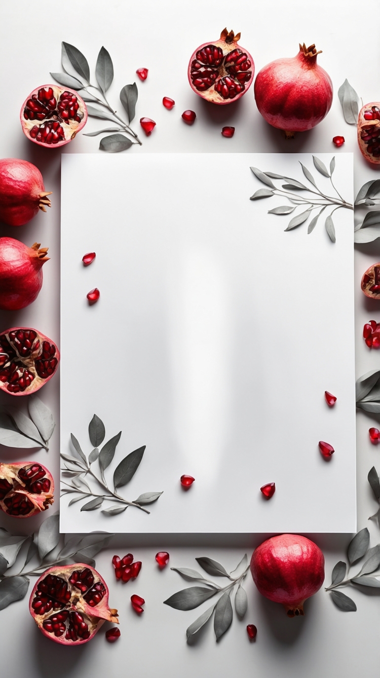 Flat lay of a white blank page surrounded by pomegranate seeds and leaves, with a clean, minimalist design on a grey background.