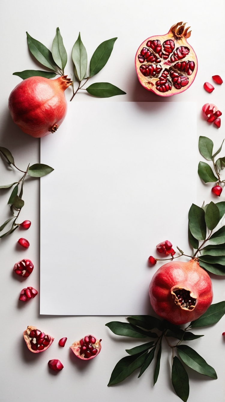 White blank paper surrounded by pomegranate and leaves on a light background, minimalistic flat lay photography.