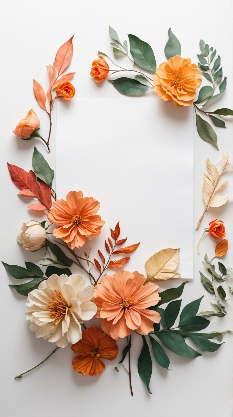 Top View of Paper Flowers and Leaves in Orange Tones