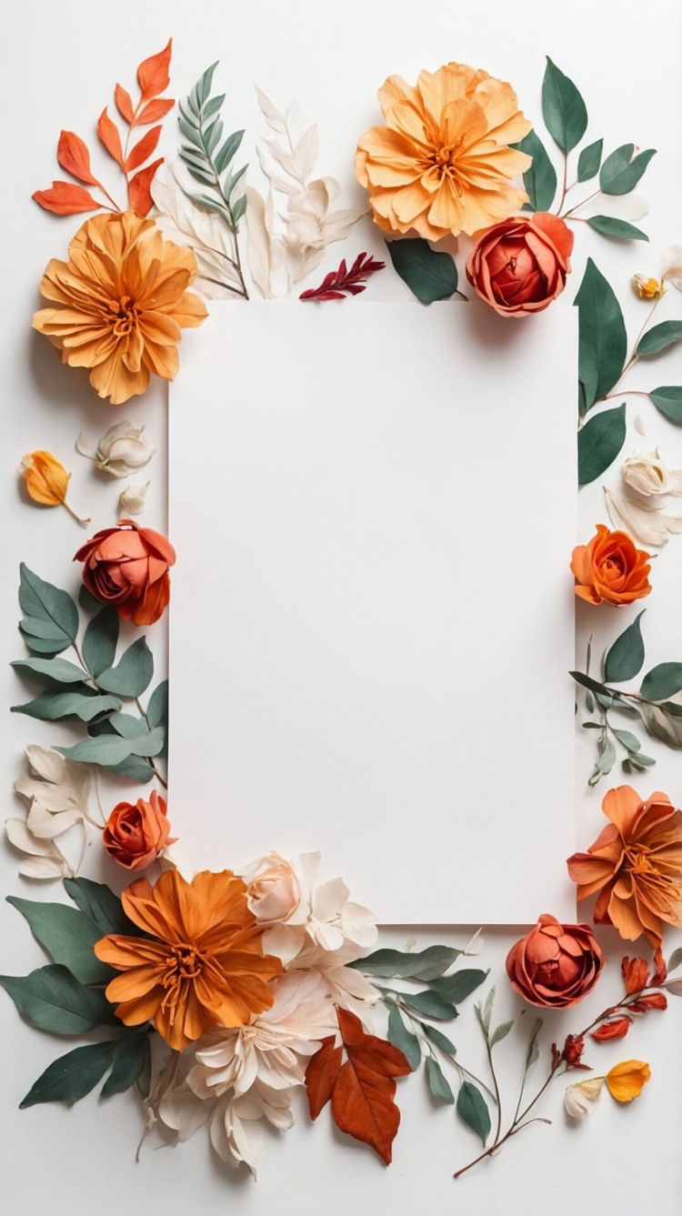 Paper Flowers and Leaves Framing White Card