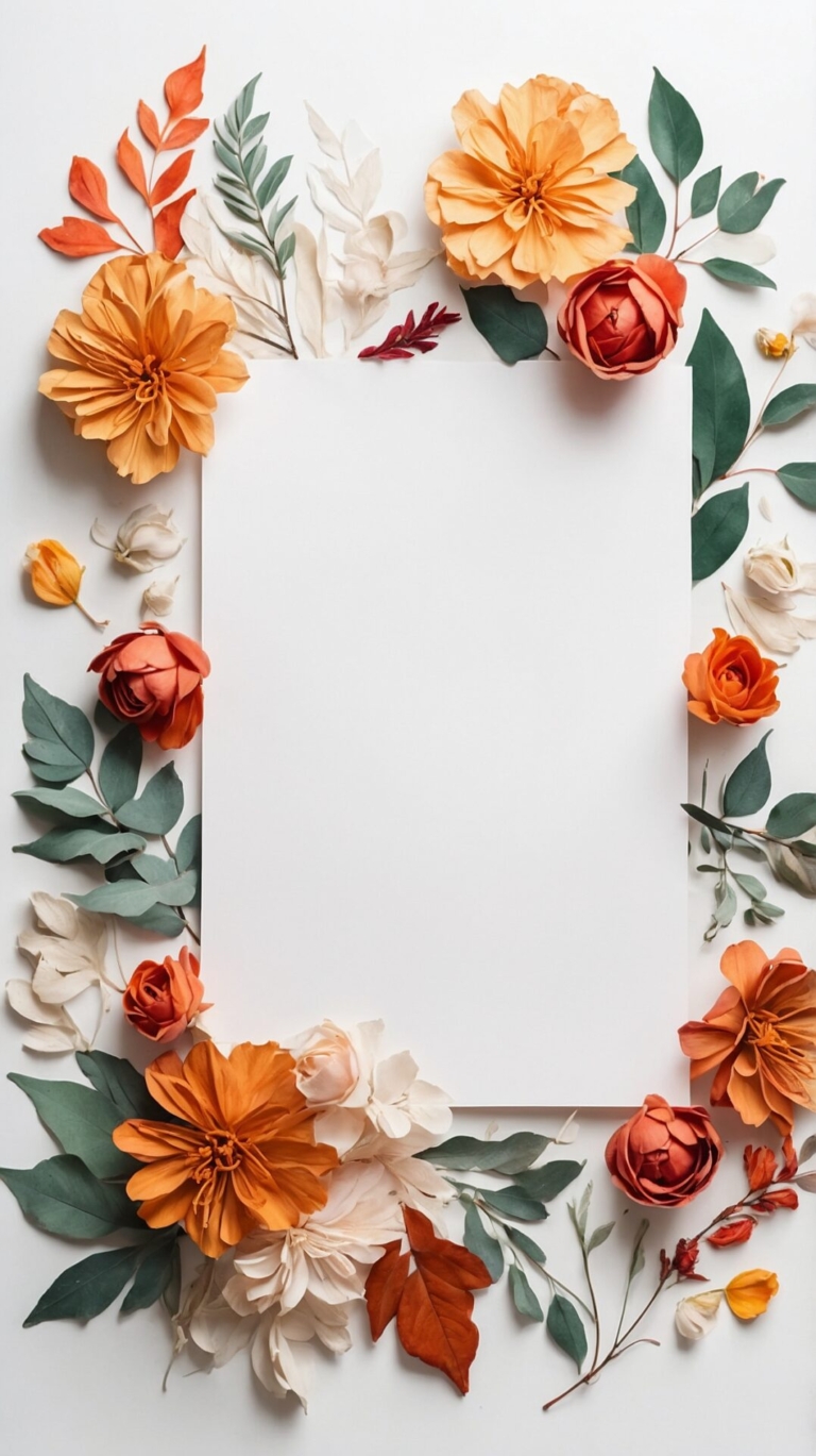 Paper Flowers and Leaves Framing White Card