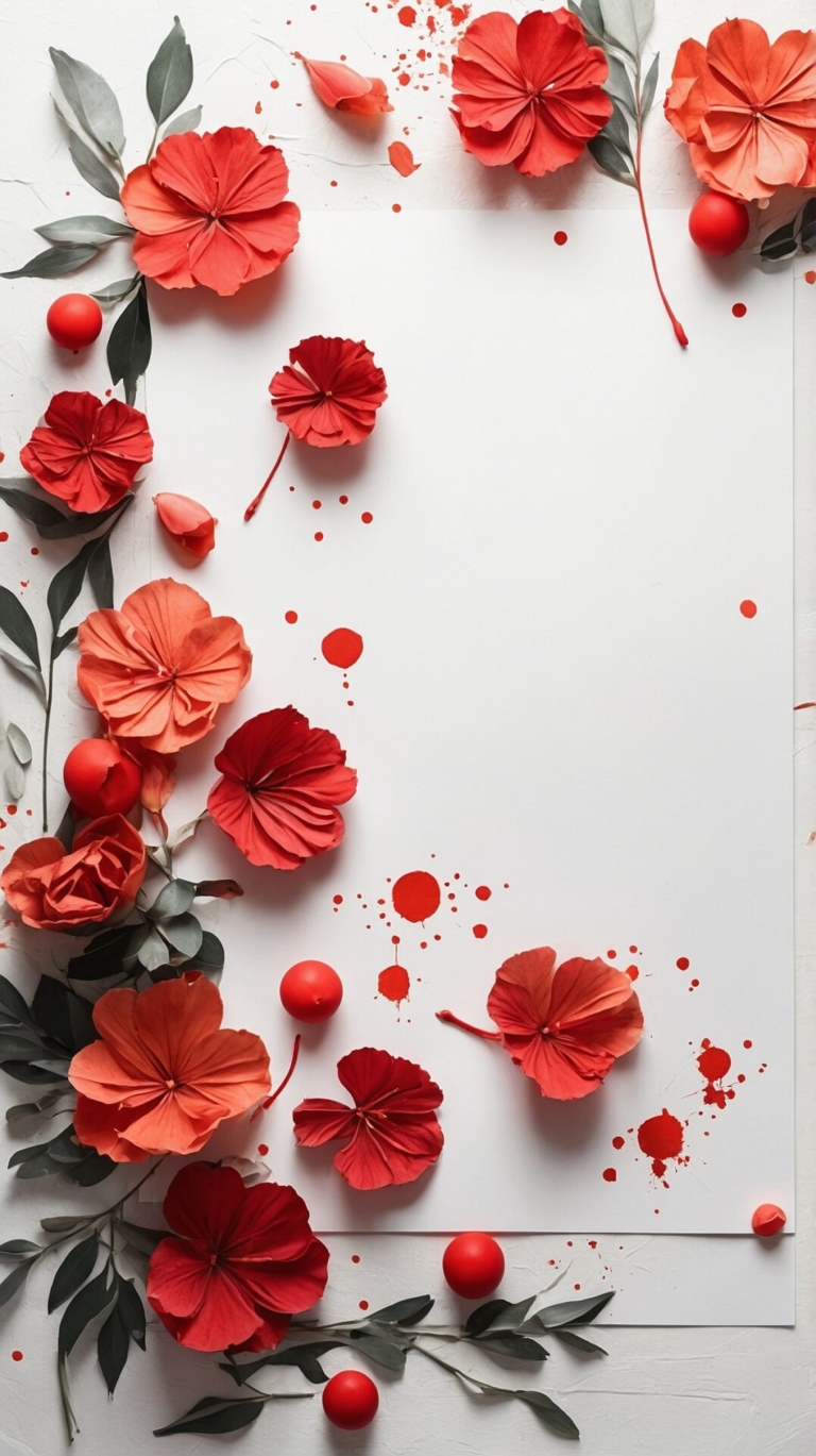 Blank Page with Red Floral Border and Splashes